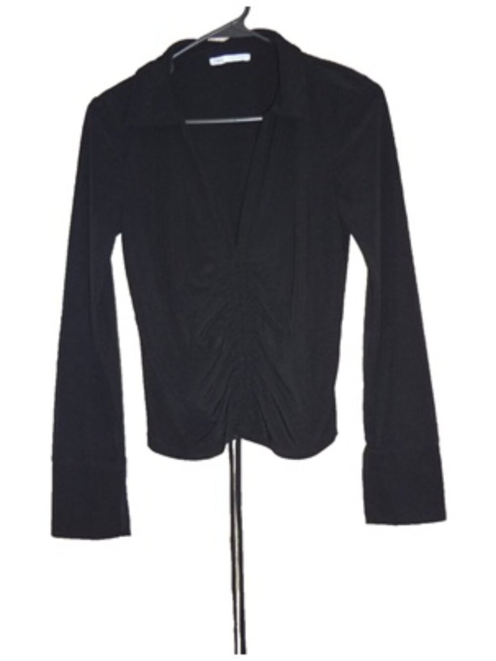 Zara Size Small Top V Neck Blouse Long Slv Collar Black ruched Festival Goth